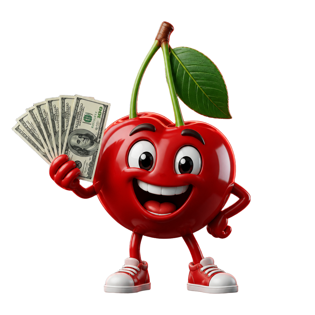 Cherry mascot holding cash